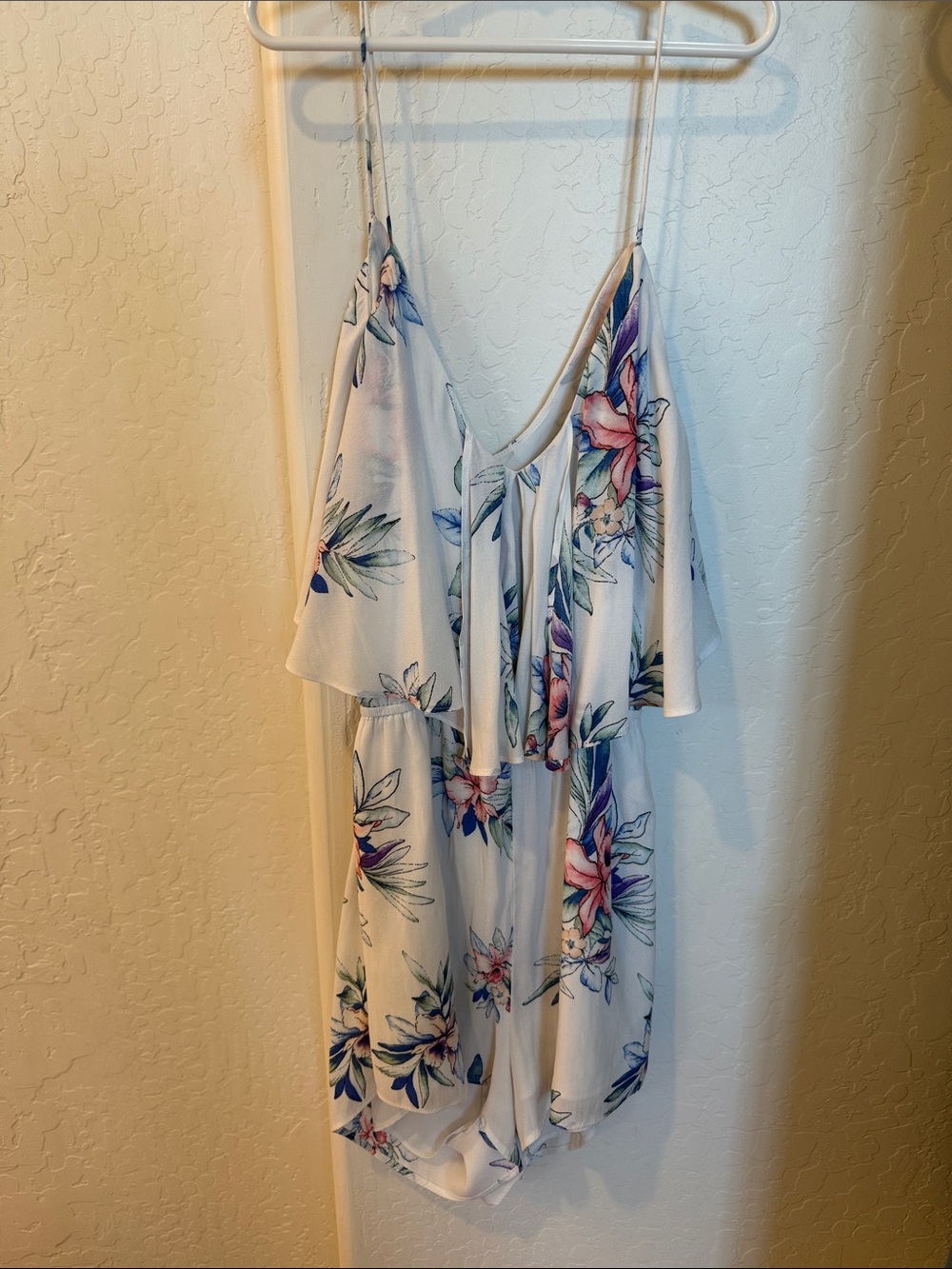 Forever 21 White Floral Spaghetti-Strap Romper with Pink & Blue Flowers